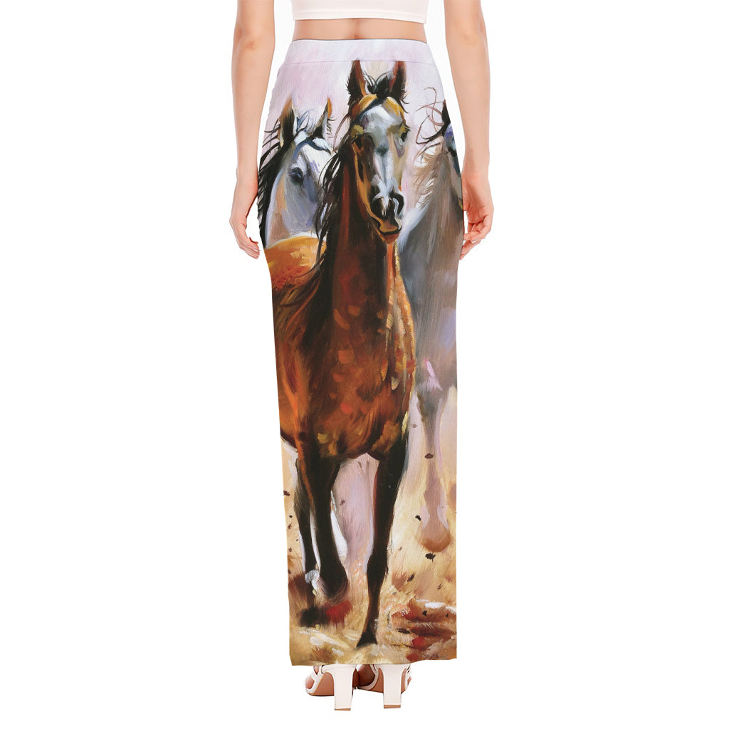 Running Horses Painting Print High Slit Maxi Skirt