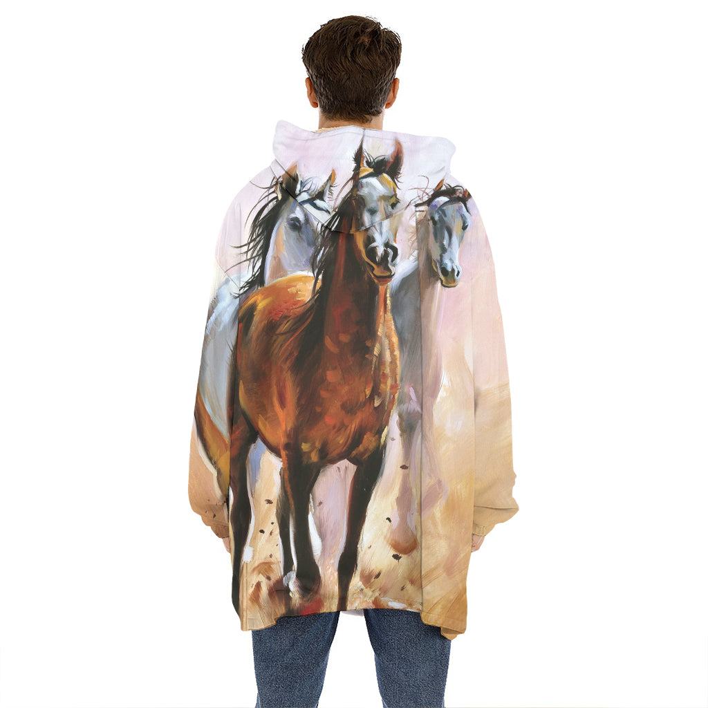Running Horses Painting Print Hoodie Blanket