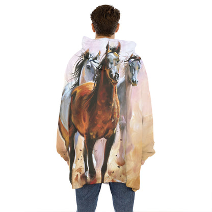 Running Horses Painting Print Hoodie Blanket