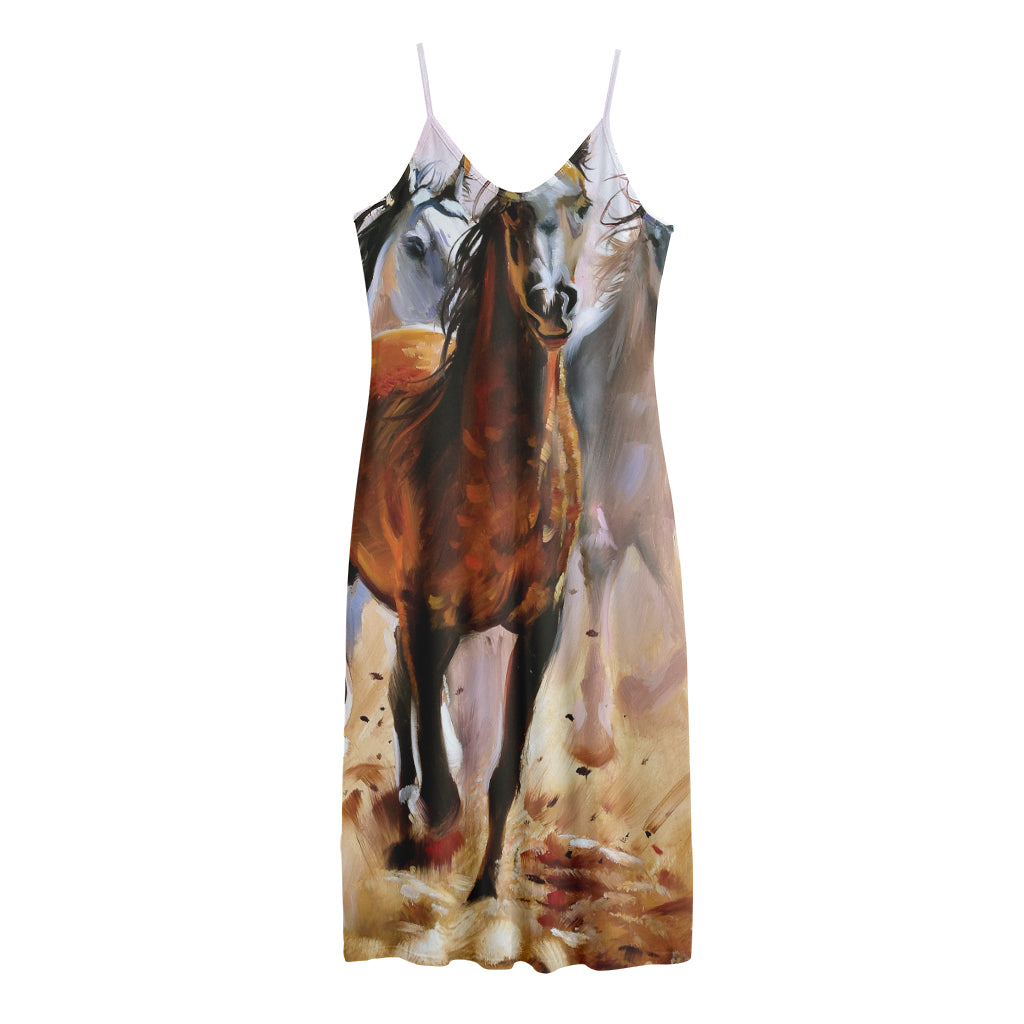Running Horses Painting Print Jersey Midi Cami Dress