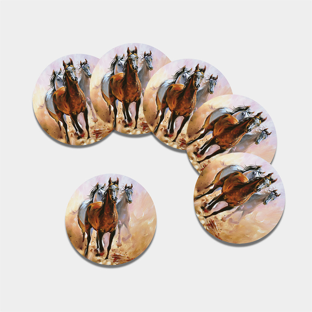 Running Horses Painting Print Leather Coaster Set