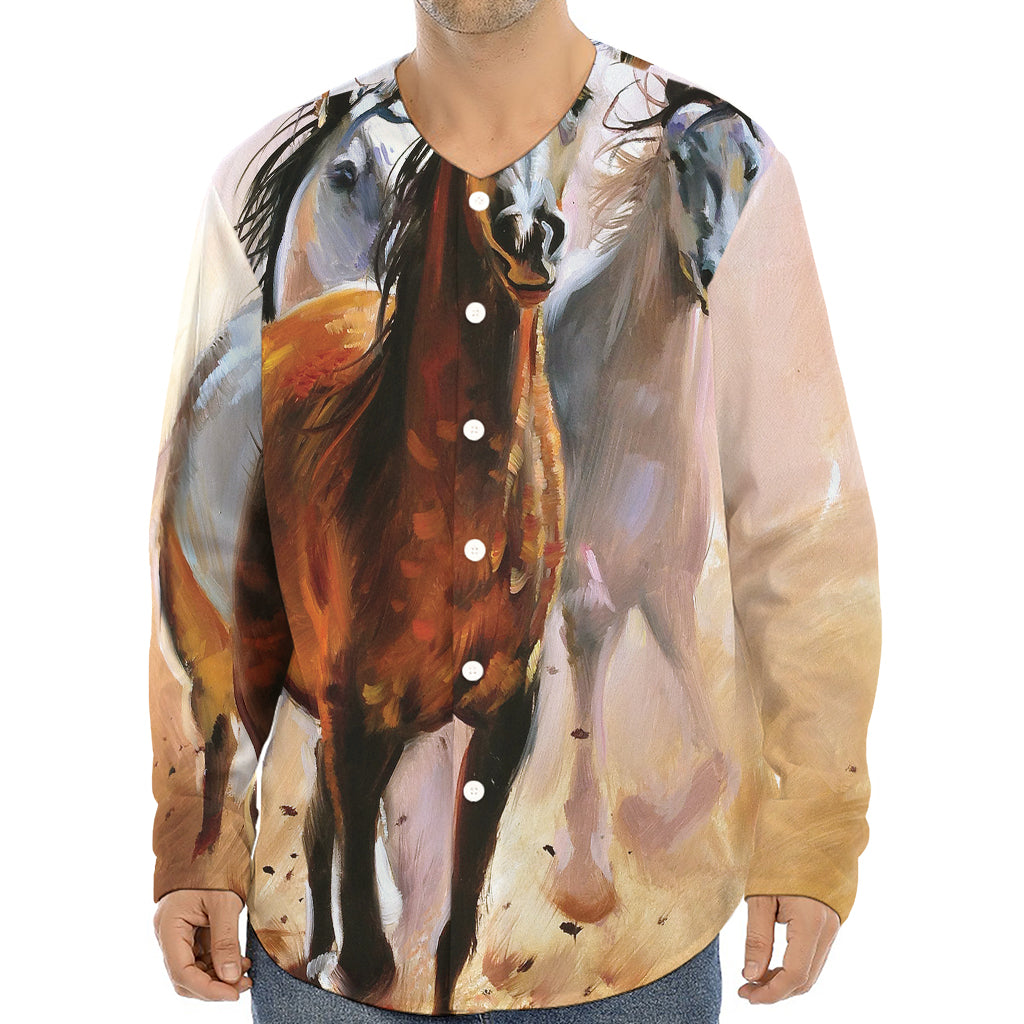 Running Horses Painting Print Long Sleeve Baseball Jersey