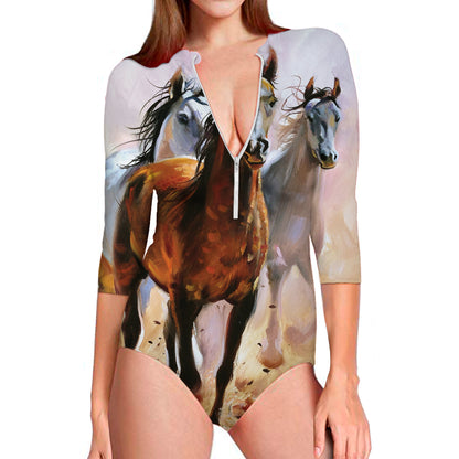 Running Horses Painting Print Long Sleeve Swimsuit
