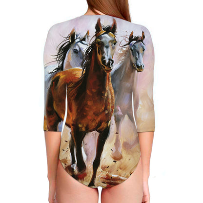 Running Horses Painting Print Long Sleeve Swimsuit