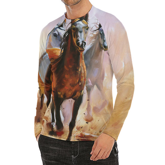 Running Horses Painting Print Men's Long Sleeve Rash Guard