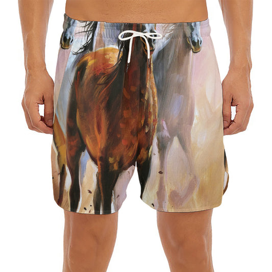 Running Horses Painting Print Men's Split Running Shorts