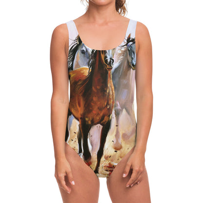 Running Horses Painting Print One Piece Swimsuit