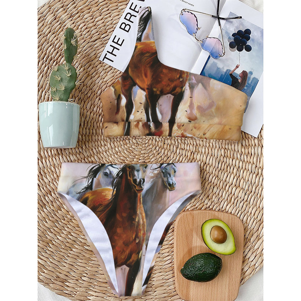Running Horses Painting Print One Shoulder Bikini Top