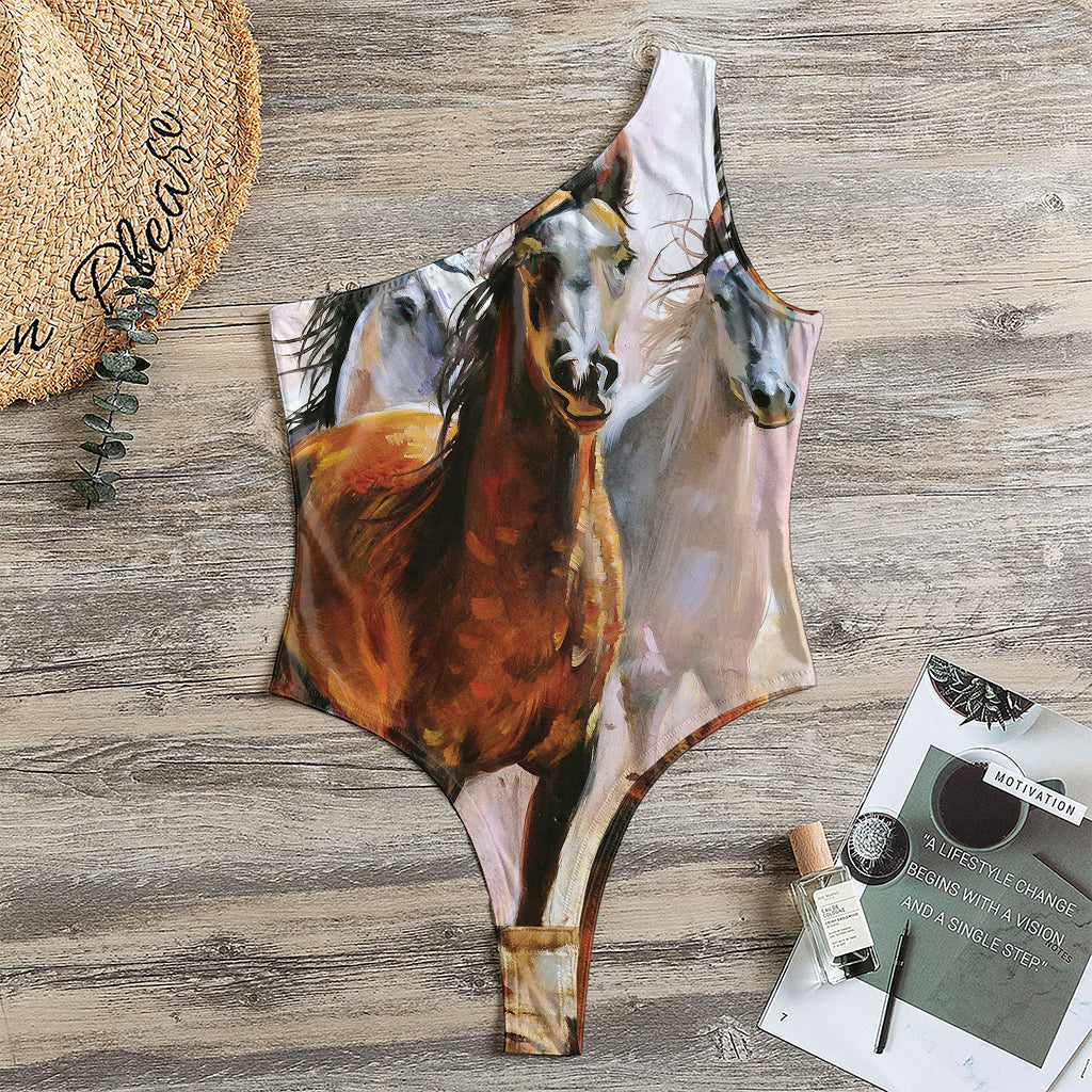 Running Horses Painting Print One Shoulder Bodysuit