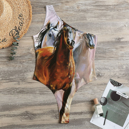 Running Horses Painting Print One Shoulder Bodysuit