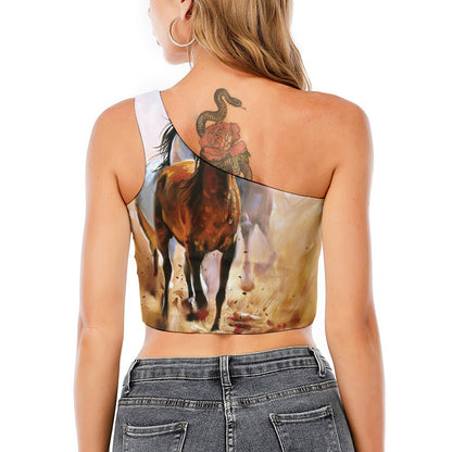 Running Horses Painting Print One Shoulder Crop Top