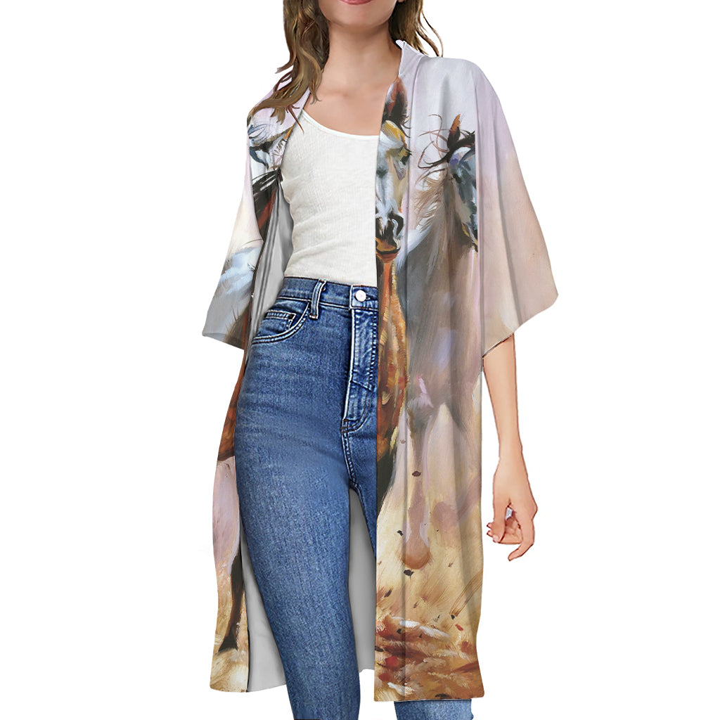 Running Horses Painting Print Open Front Beach Cover Up