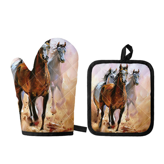 Running Horses Painting Print Oven Mitt And Pot Holder Set
