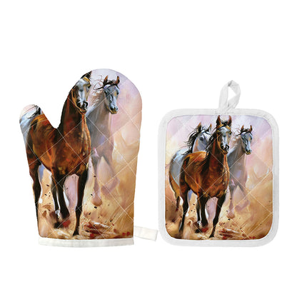 Running Horses Painting Print Oven Mitt And Pot Holder Set