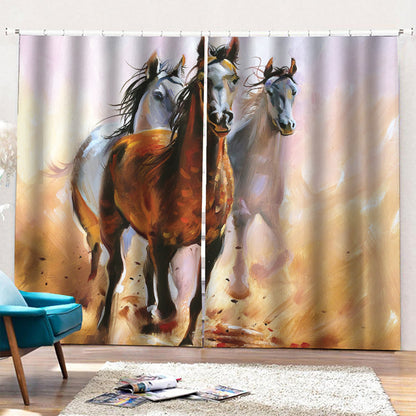 Running Horses Painting Print Pencil Pleat Curtains