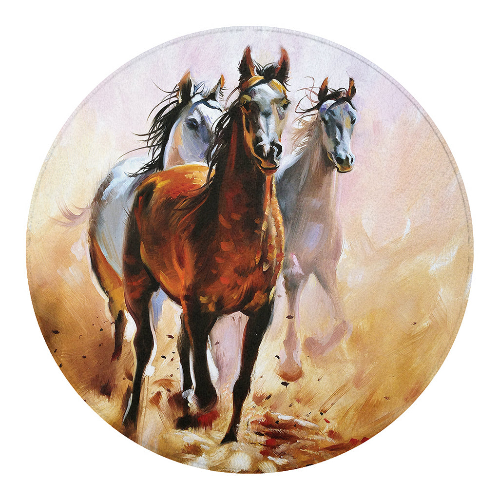 Running Horses Painting Print Round Blanket