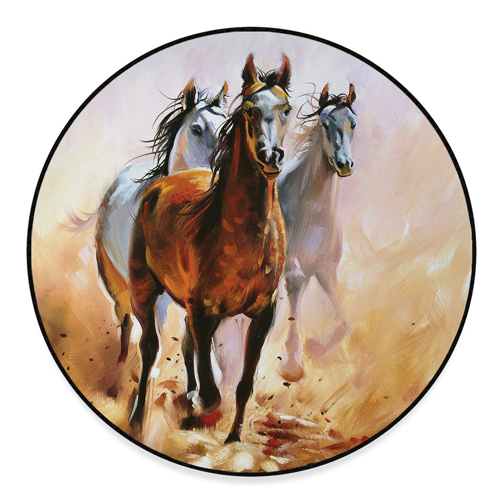 Running Horses Painting Print Round Floor Mat