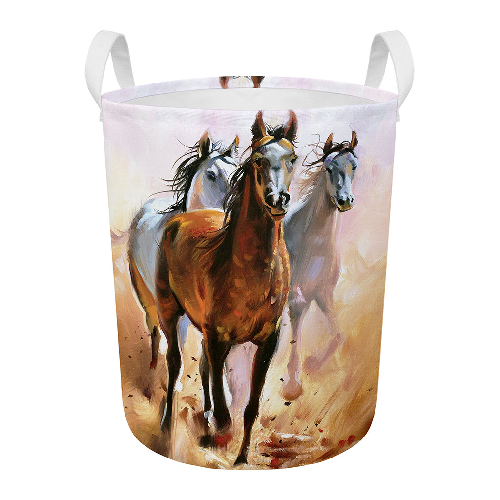 Running Horses Painting Print Round Laundry Basket