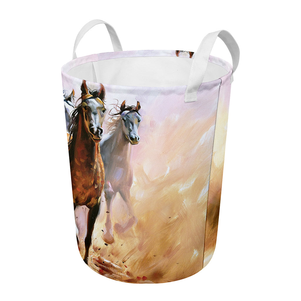 Running Horses Painting Print Round Laundry Basket