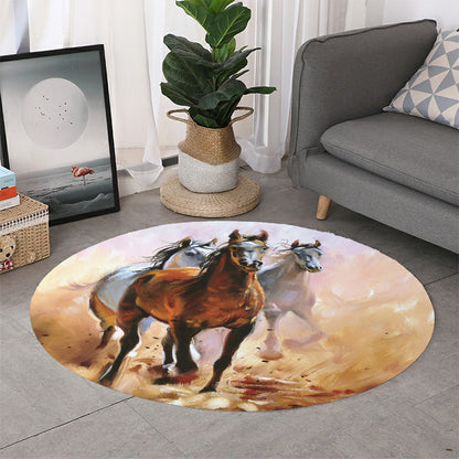 Running Horses Painting Print Round Rug