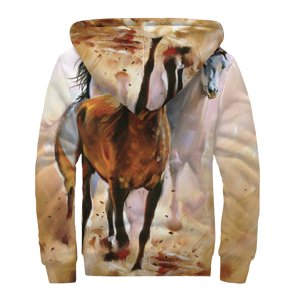 Running Horses Painting Print Sherpa Lined Zip Up Hoodie