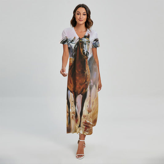 Running Horses Painting Print Short Sleeve Maxi Dress
