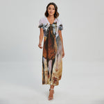 Running Horses Painting Print Short Sleeve Maxi Dress