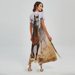 Running Horses Painting Print Short Sleeve Maxi Dress