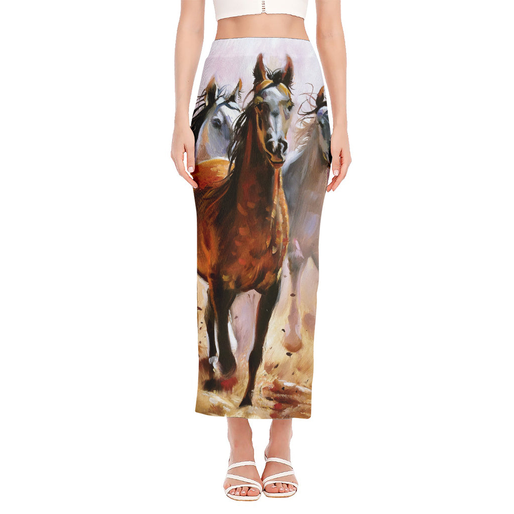 Running Horses Painting Print Side Slit Maxi Skirt