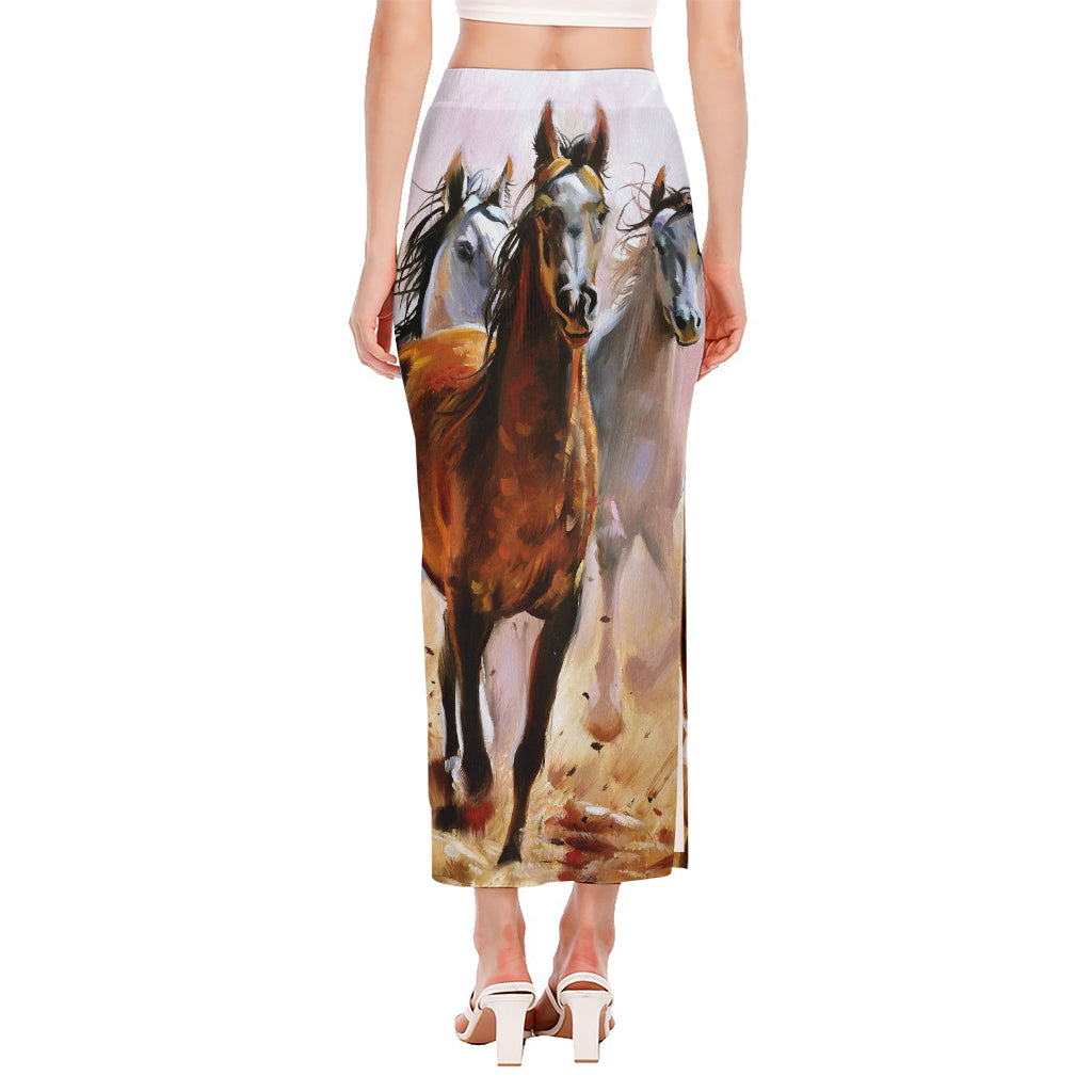 Running Horses Painting Print Side Slit Maxi Skirt