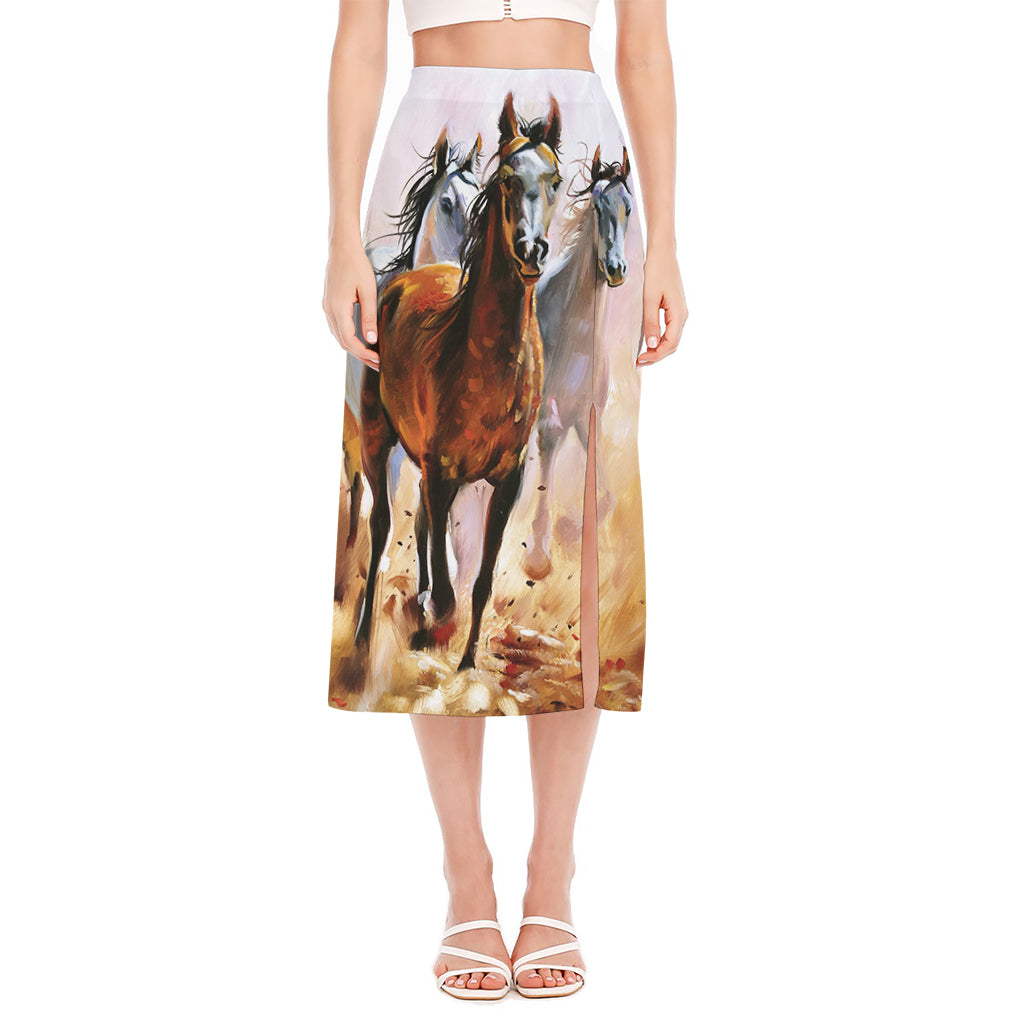 Running Horses Painting Print Side Slit Midi Skirt