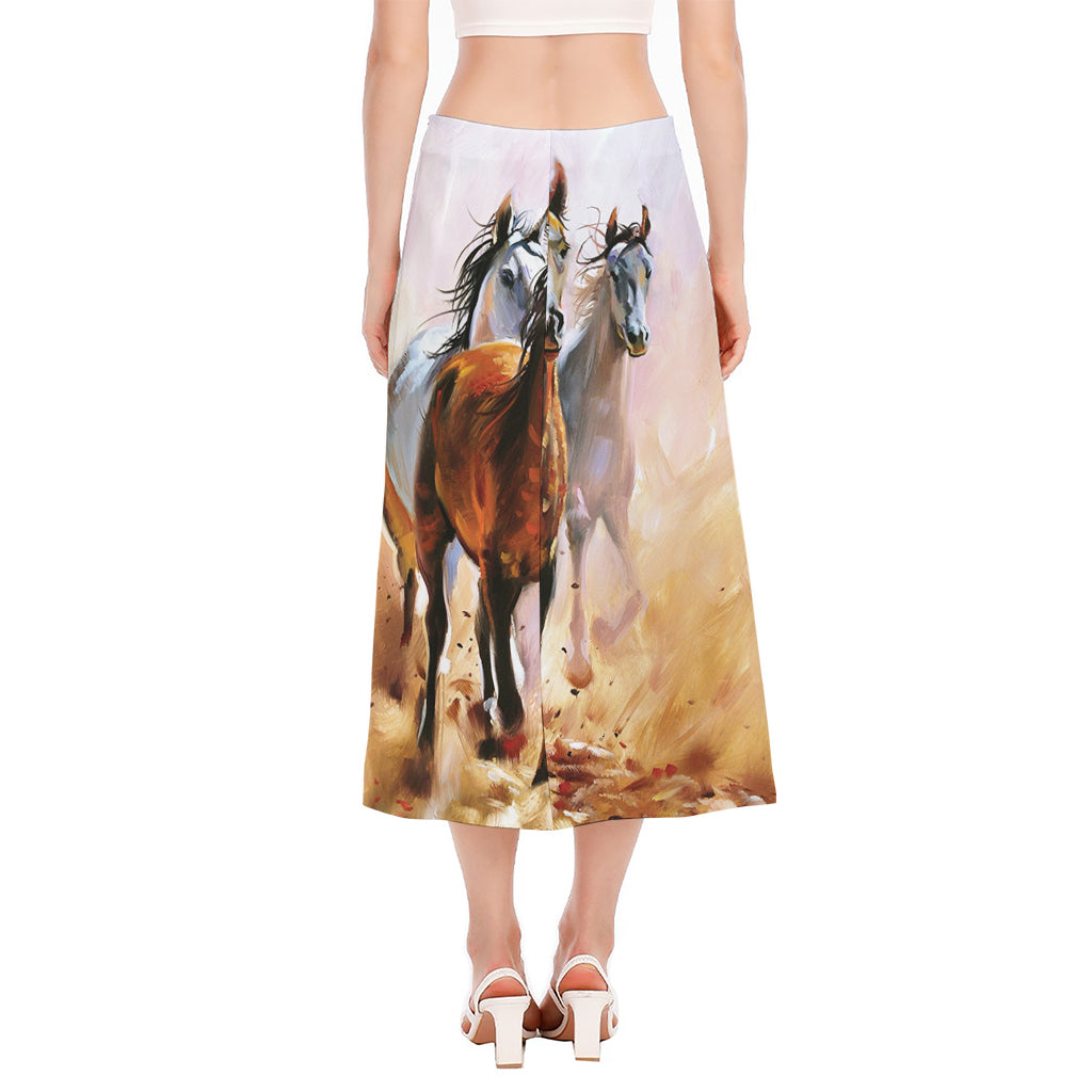 Running Horses Painting Print Side Slit Midi Skirt