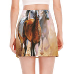 Running Horses Painting Print Side Slit Mini Skirt