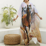 Running Horses Painting Print Silk V-Neck Kaftan Dress