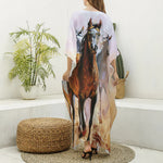 Running Horses Painting Print Silk V-Neck Kaftan Dress