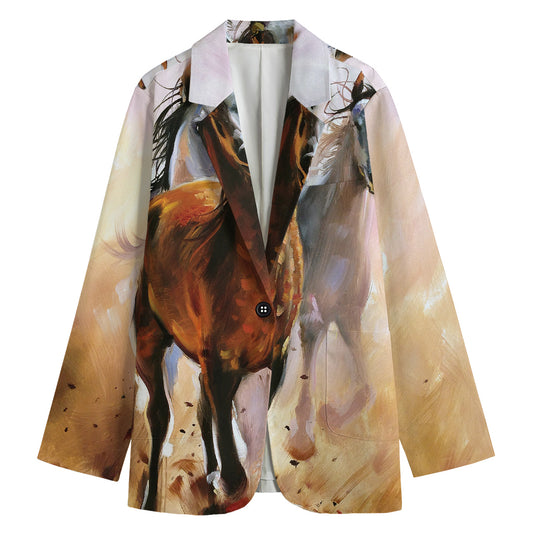 Running Horses Painting Print Women's Cotton Blazer