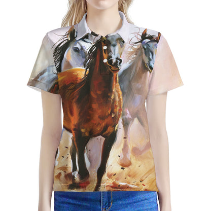 Running Horses Painting Print Women's Polo Shirt