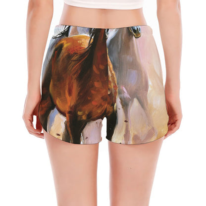 Running Horses Painting Print Women's Split Running Shorts