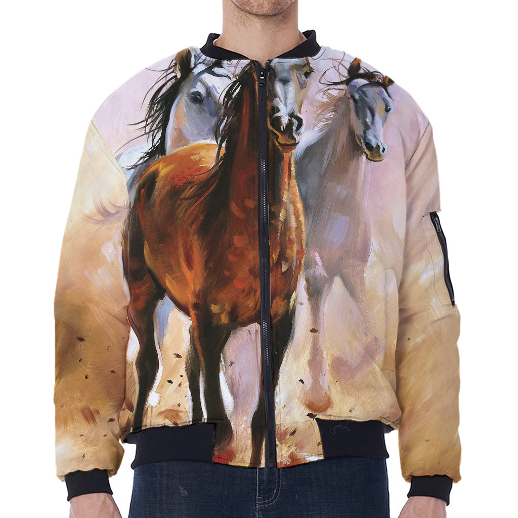 Running Horses Painting Print Zip Sleeve Bomber Jacket