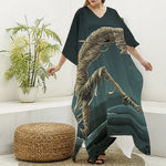 Running Mummy Print Silk V-Neck Kaftan Dress