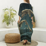 Running Mummy Print Silk V-Neck Kaftan Dress