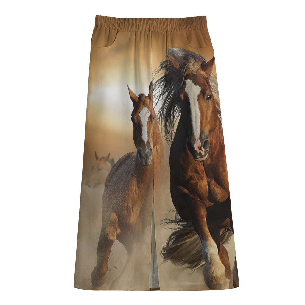 Running Wild Horses Print Cotton Front Slit Maxi Skirt