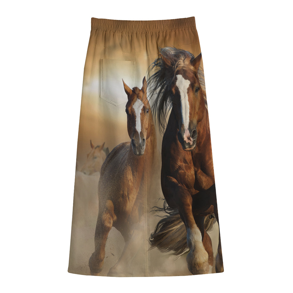 Running Wild Horses Print Cotton Front Slit Maxi Skirt