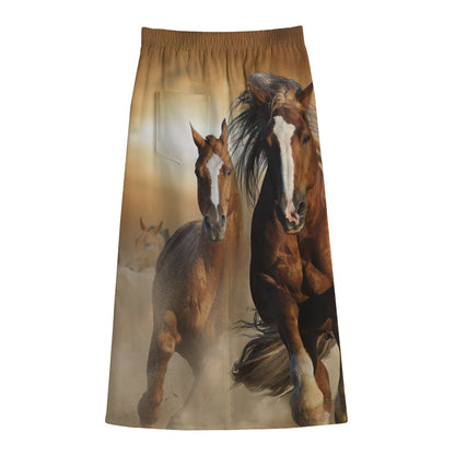 Running Wild Horses Print Cotton Front Slit Maxi Skirt