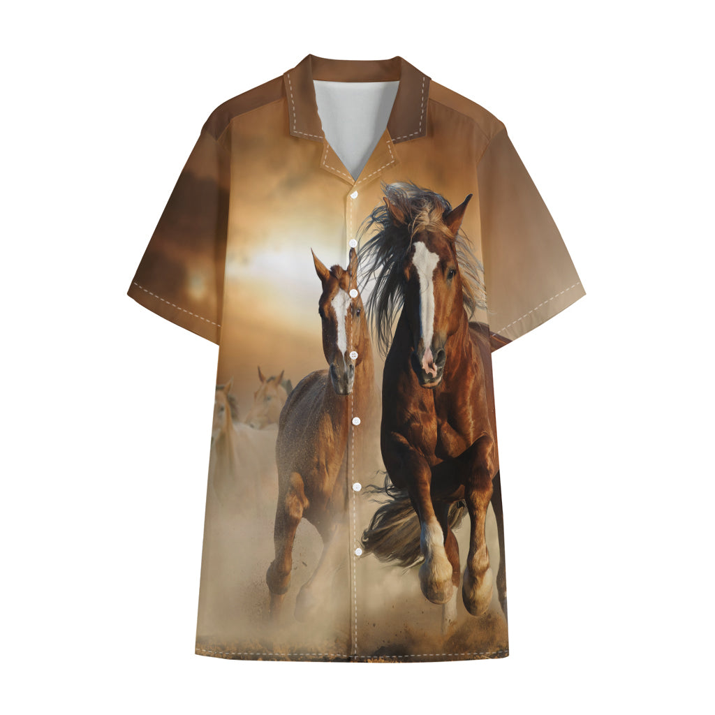 Running Wild Horses Print Cotton Hawaiian Shirt