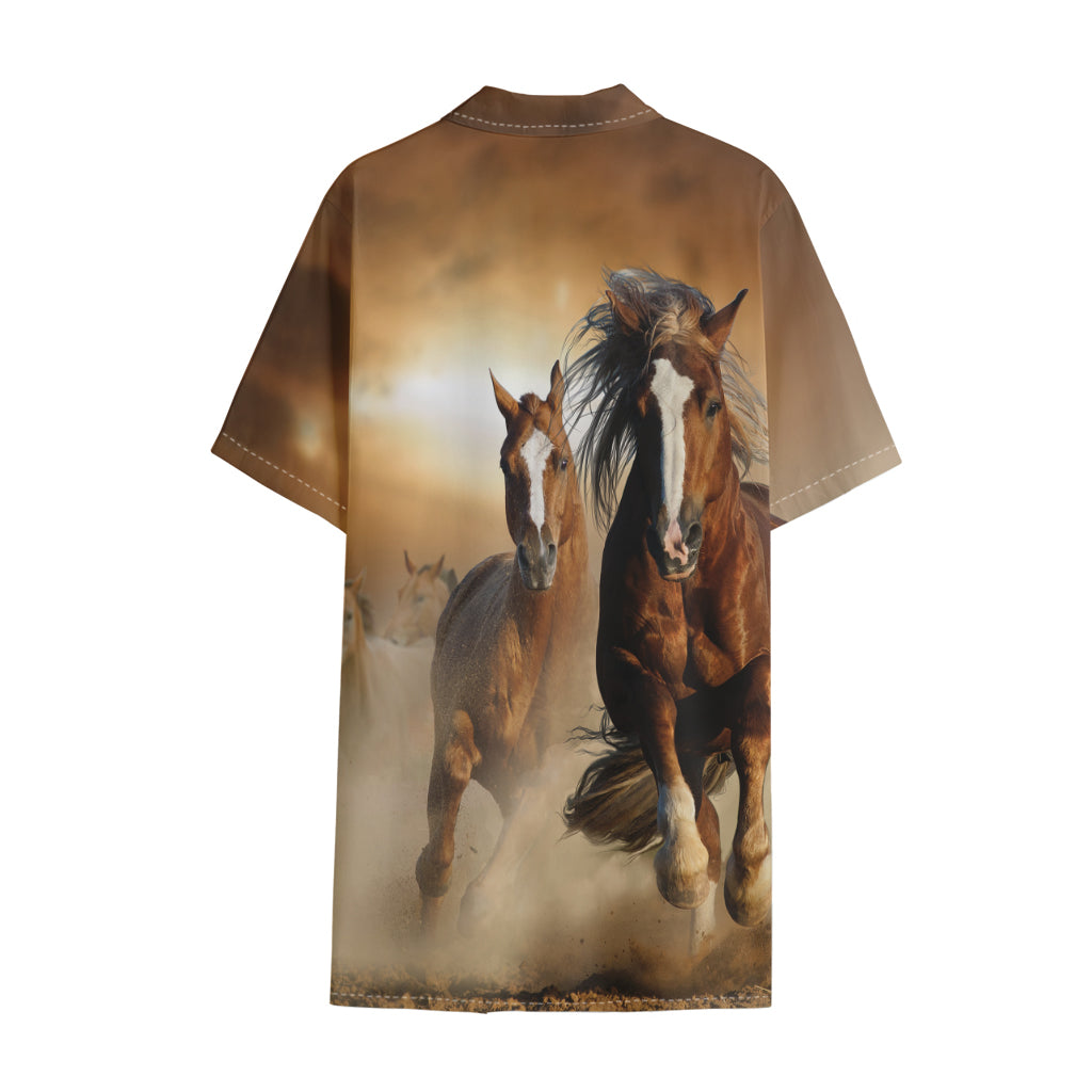 Running Wild Horses Print Cotton Hawaiian Shirt