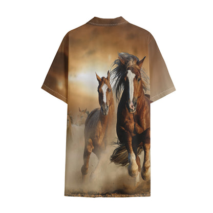 Running Wild Horses Print Cotton Hawaiian Shirt