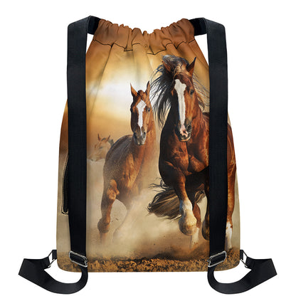 Running Wild Horses Print Drawstring Backpack