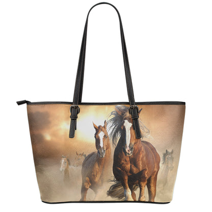 Running Wild Horses Print Leather Tote Bag