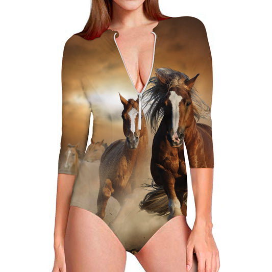 Running Wild Horses Print Long Sleeve Swimsuit